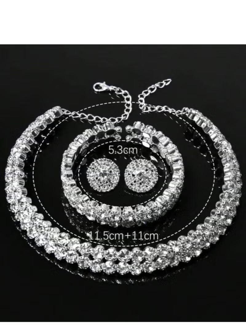 One Gorgeous and Elegant Double Row Rhinestone Necklace, Earrings and Bracelet Set Suitable for Daily Wear and Gift for Women - Image 2